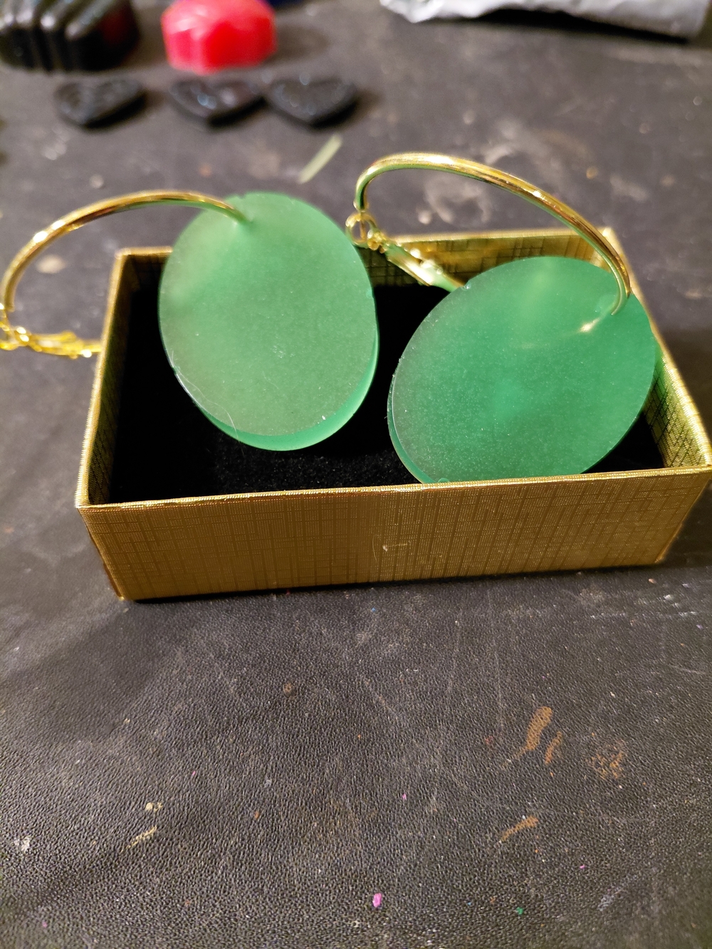 Gold Hoop Earrings with Emerald Green Round Discs